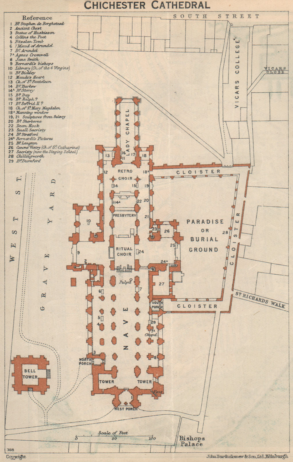CHICHESTER cathedral vintage floor plan. Sussex 1939 old vintage map chart